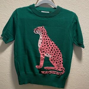Green Sweater with Pink Leopard Design
